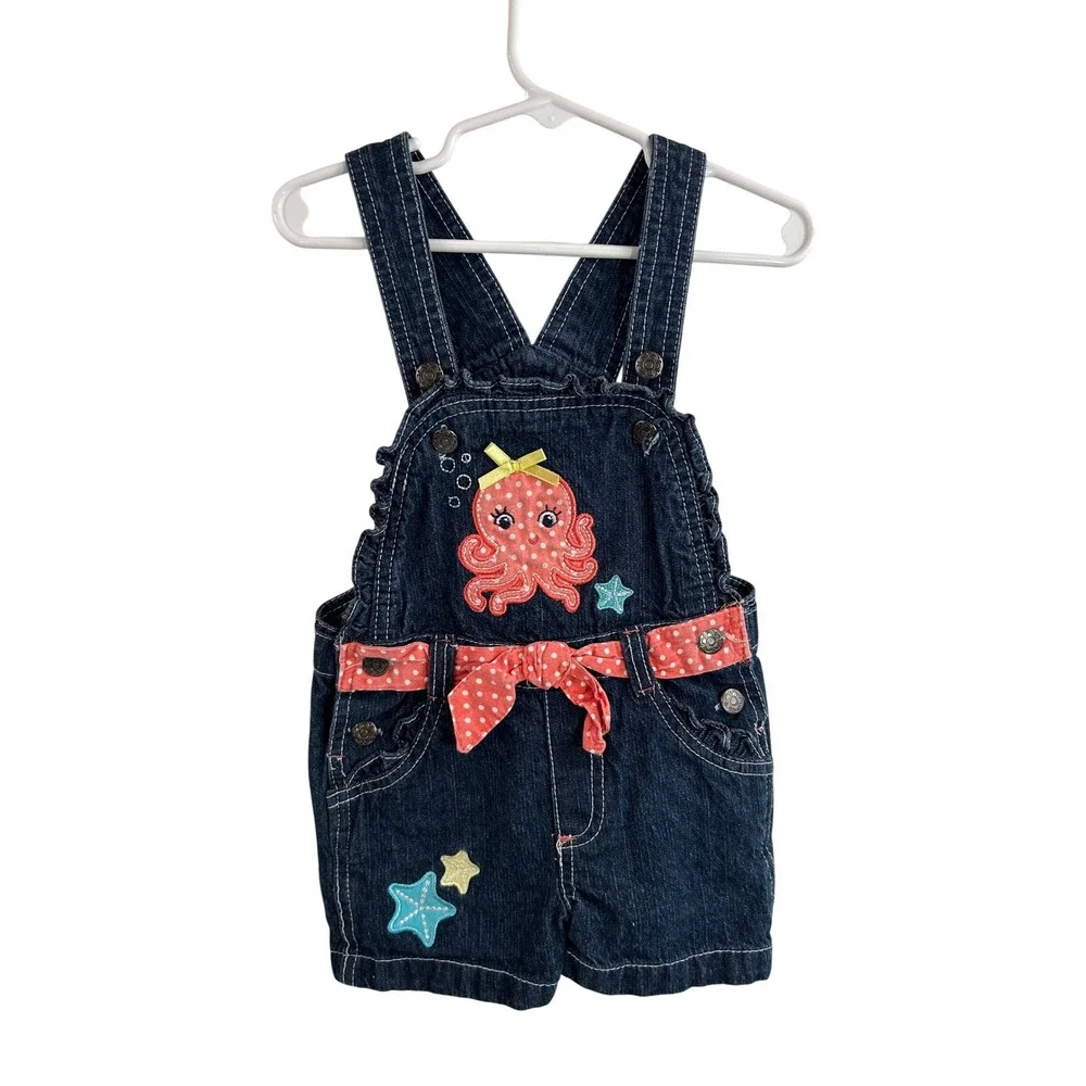 OshKosh B'gosh Denim Shortalls 3T Dark Wash Contrast Stitch Toddler Kids